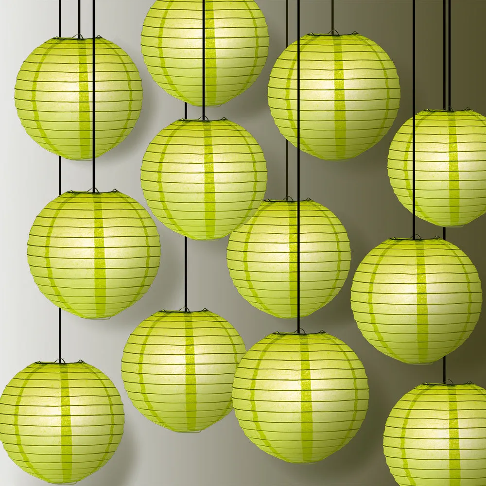 12 PACK | Light Lime Even Ribbing Round Paper Lantern, Hanging Combo Set