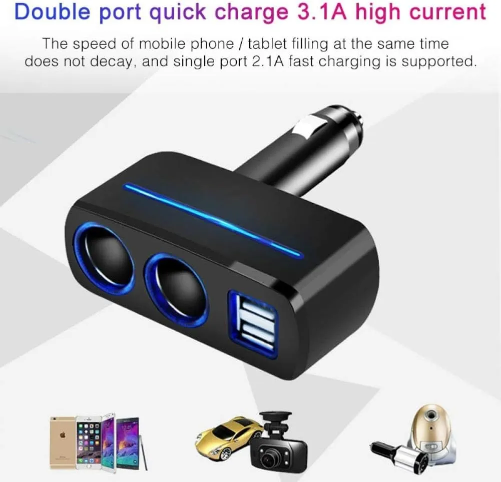 120W 1 To 2 Cigarette Lighter Sockets With Dual Usb Car Charger