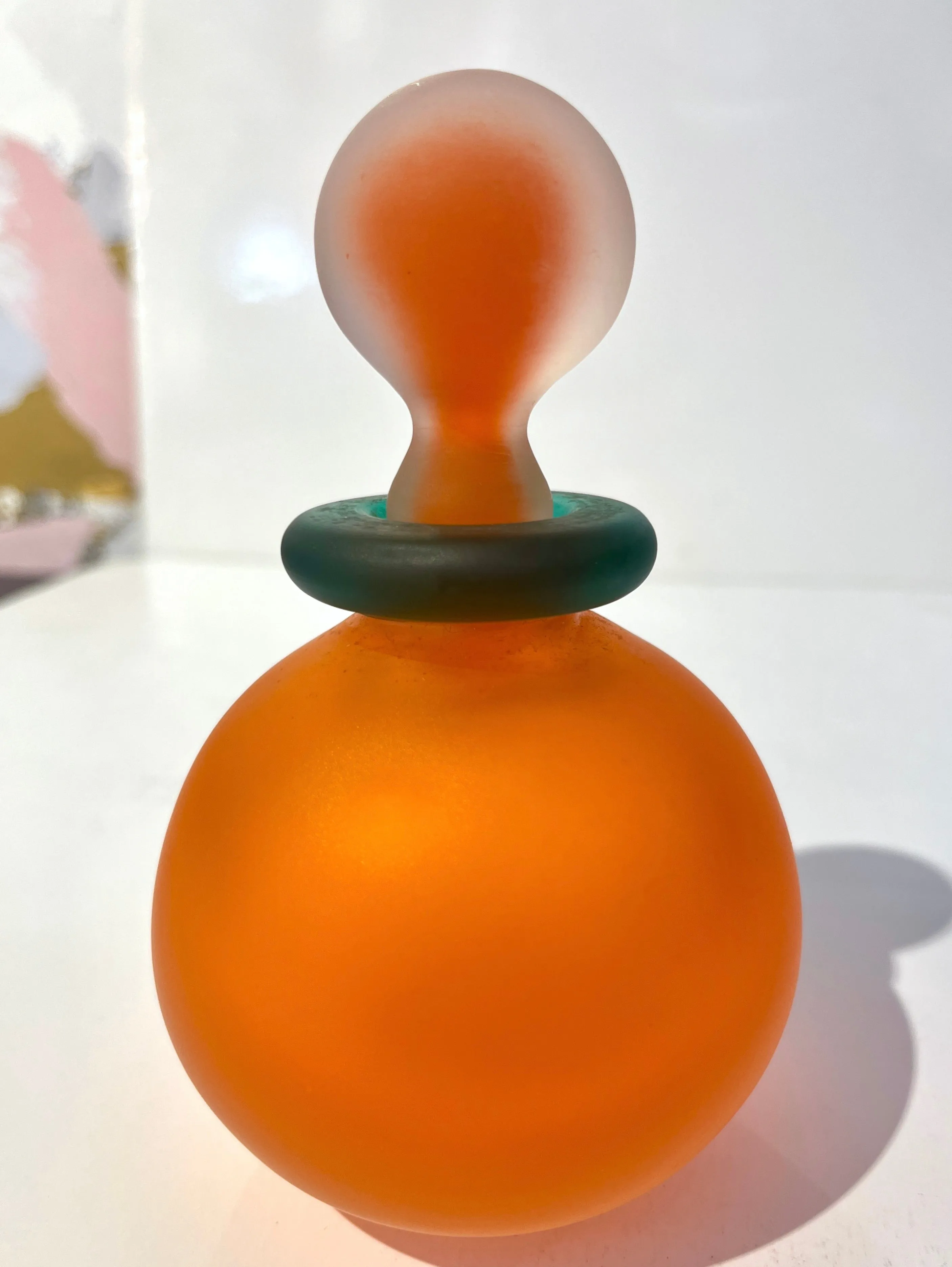 1980s Italian Art Crystal Orange Green Frosted Murano Glass Bottle with Stopper