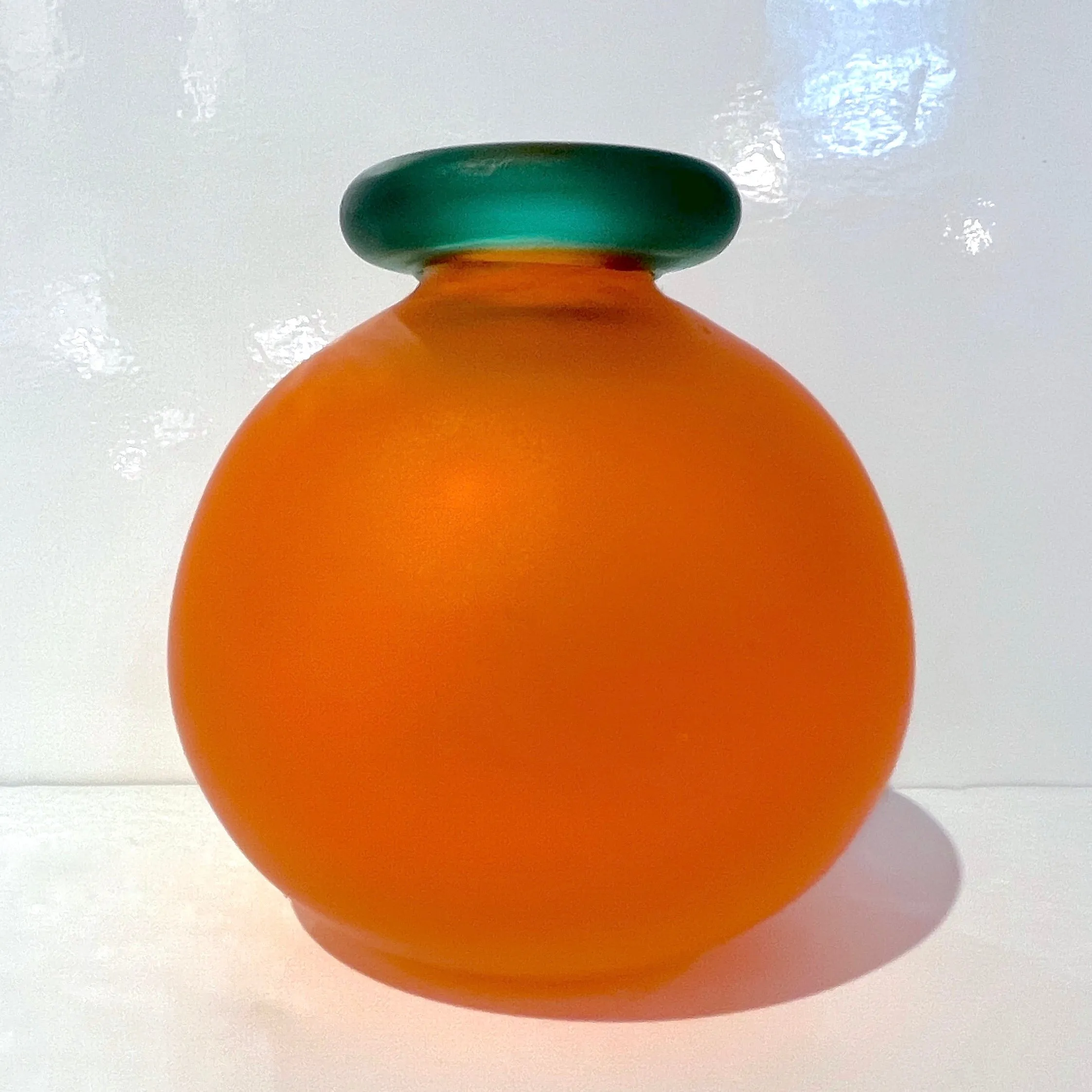 1980s Italian Art Crystal Orange Green Frosted Murano Glass Bottle with Stopper