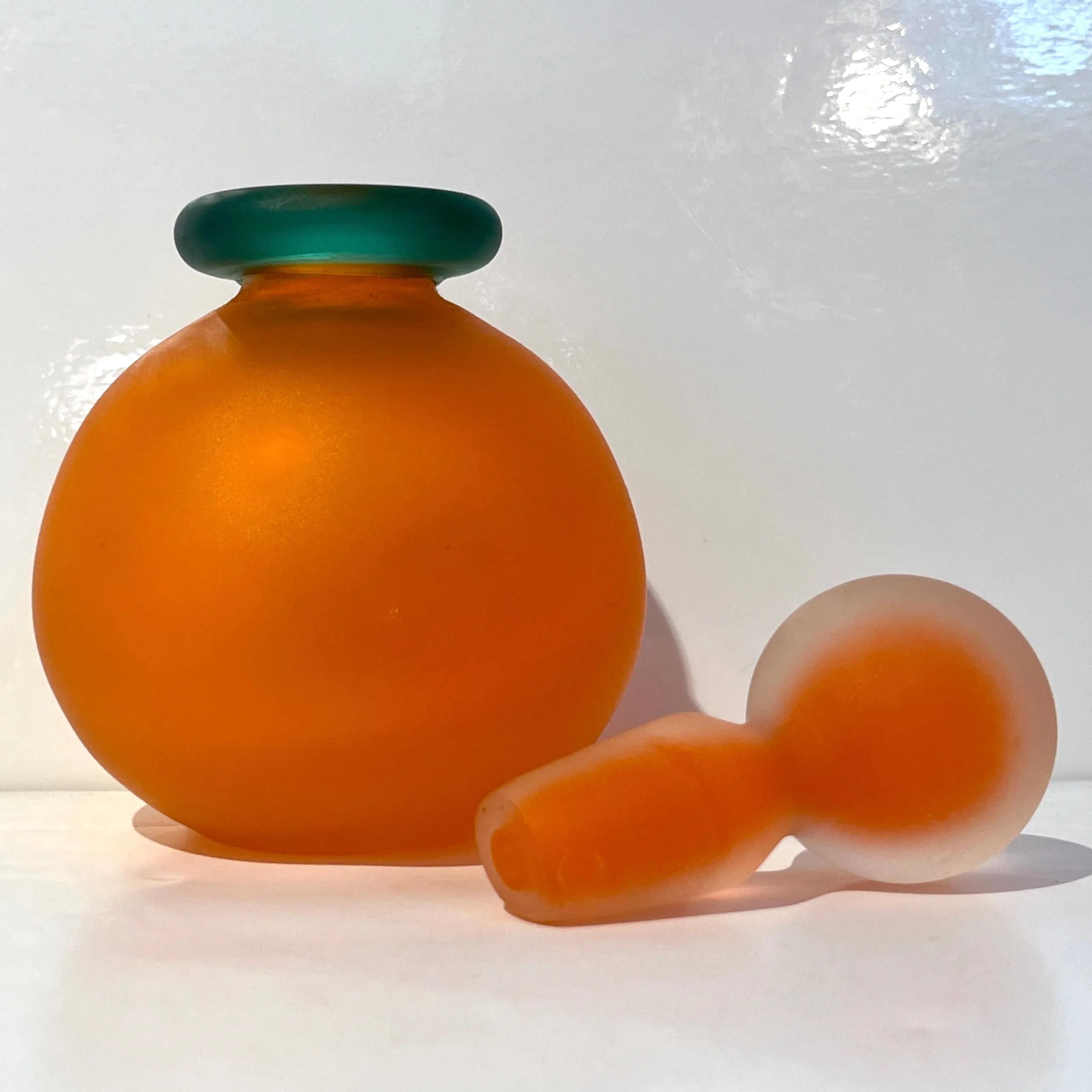 1980s Italian Art Crystal Orange Green Frosted Murano Glass Bottle with Stopper