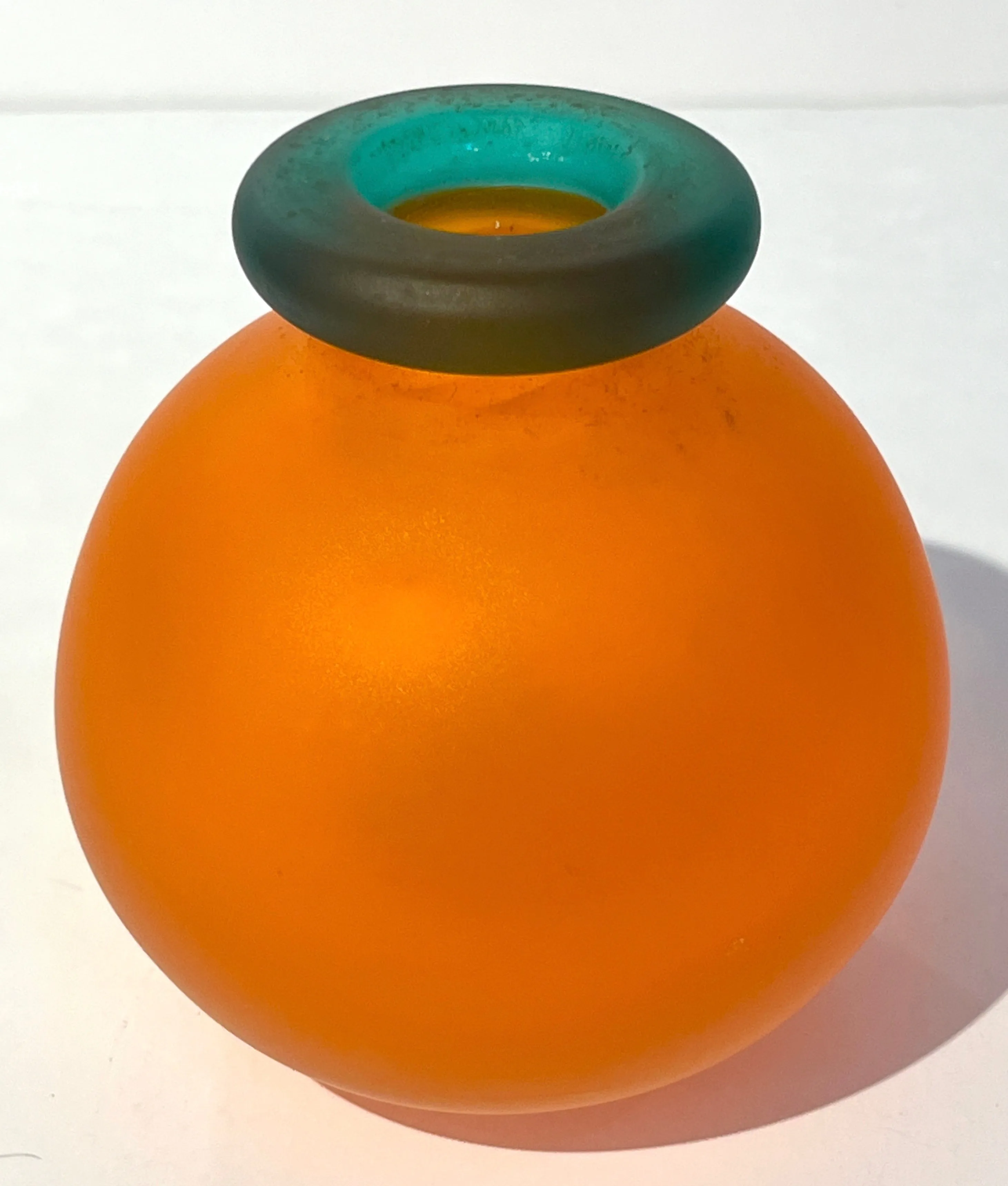 1980s Italian Art Crystal Orange Green Frosted Murano Glass Bottle with Stopper