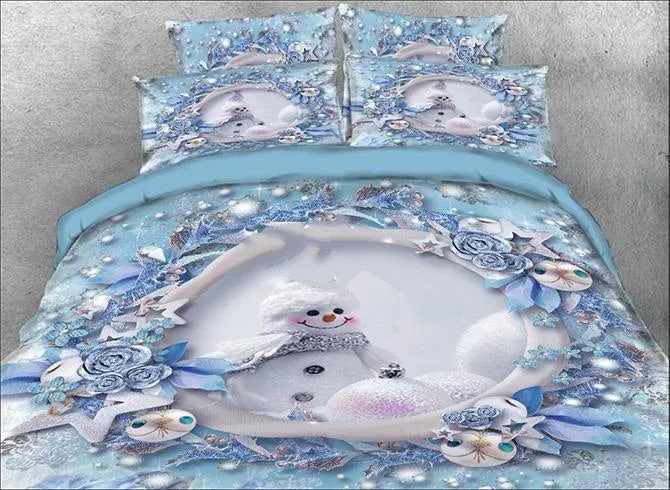 3D Snowman and Christmas Ornaments Printed Cotton Luxury 4-Piece Bedding Sets/Duvet Covers