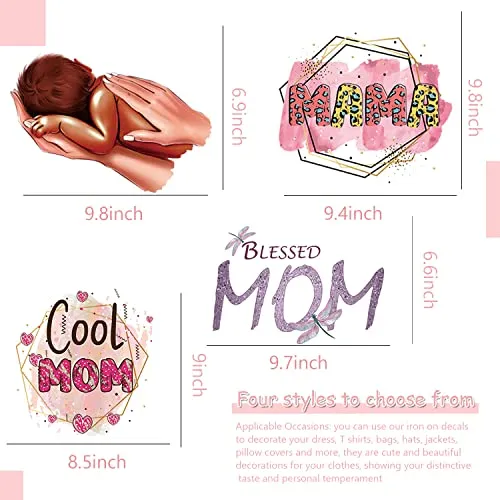 4 Pcs Mother's Day Iron On Patches for Clothing Cool Mama Iron on Transfers Blessed Mom Pink Iron on Letters Patches for Clothes T-Shirts Jeans Jackets Bags DIY Heat Transfer Decals Patch Decoration