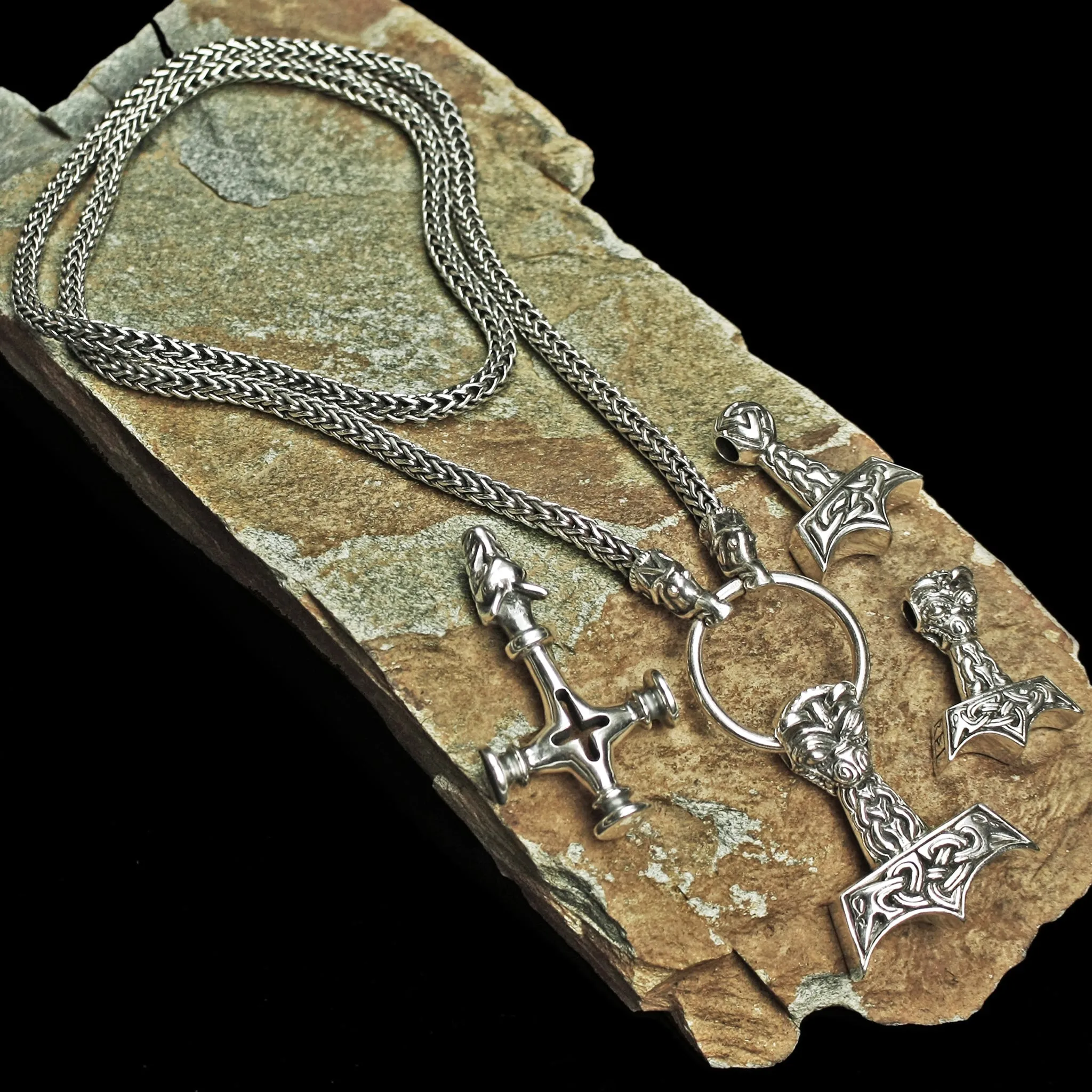 5mm Thick Silver Snake Chain Thors Hammer Necklace - Gotland Dragon Heads