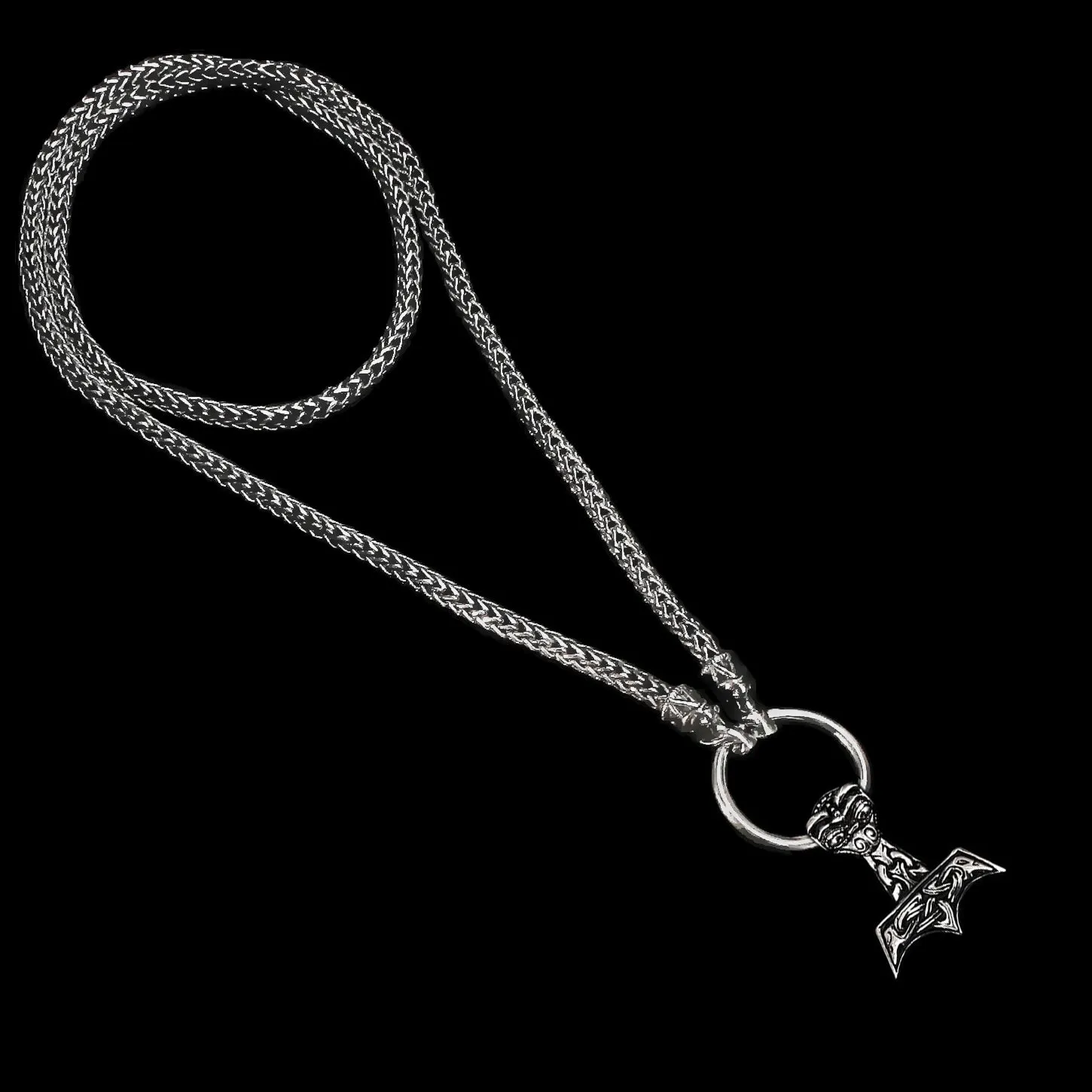 5mm Thick Silver Snake Chain Thors Hammer Necklace - Gotland Dragon Heads