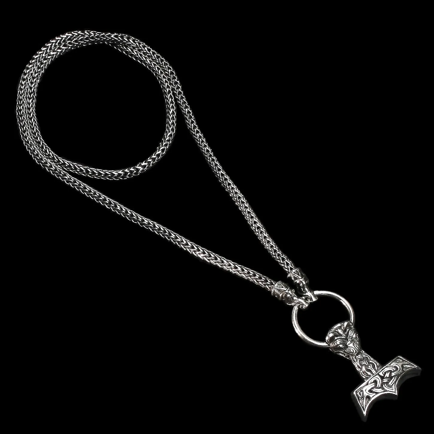 5mm Thick Silver Snake Chain Thors Hammer Necklace - Gotland Dragon Heads