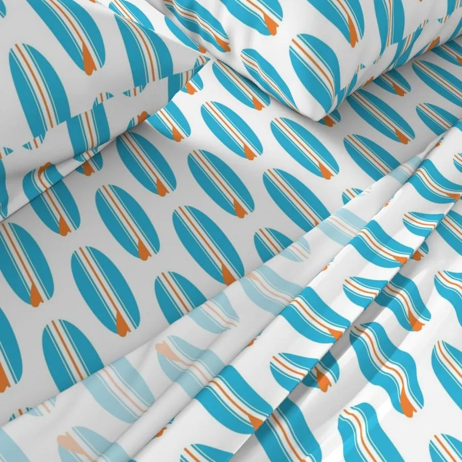 Aqua Ocean Blue and Orange Classic Surfboards Sheet Set from Surfer Bedding™️ Medium Scale