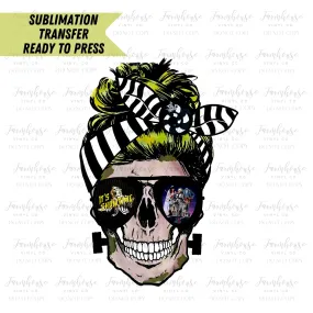 Beetlejuice It’s Showtime Skull Messy Bun Ready to Press Sublimation Transfer