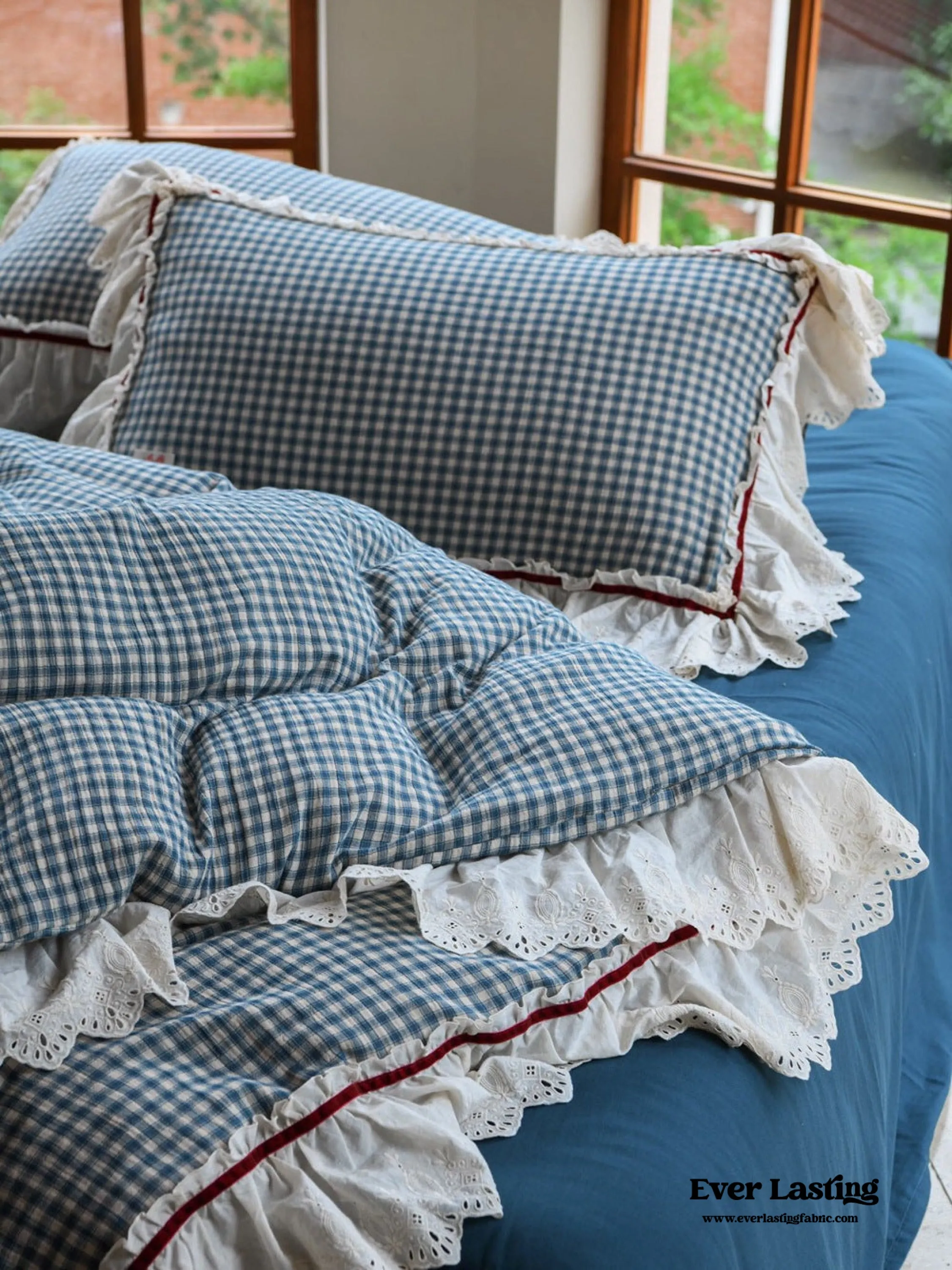 Blue Gingham Floral Ruffle Bedding Bundle