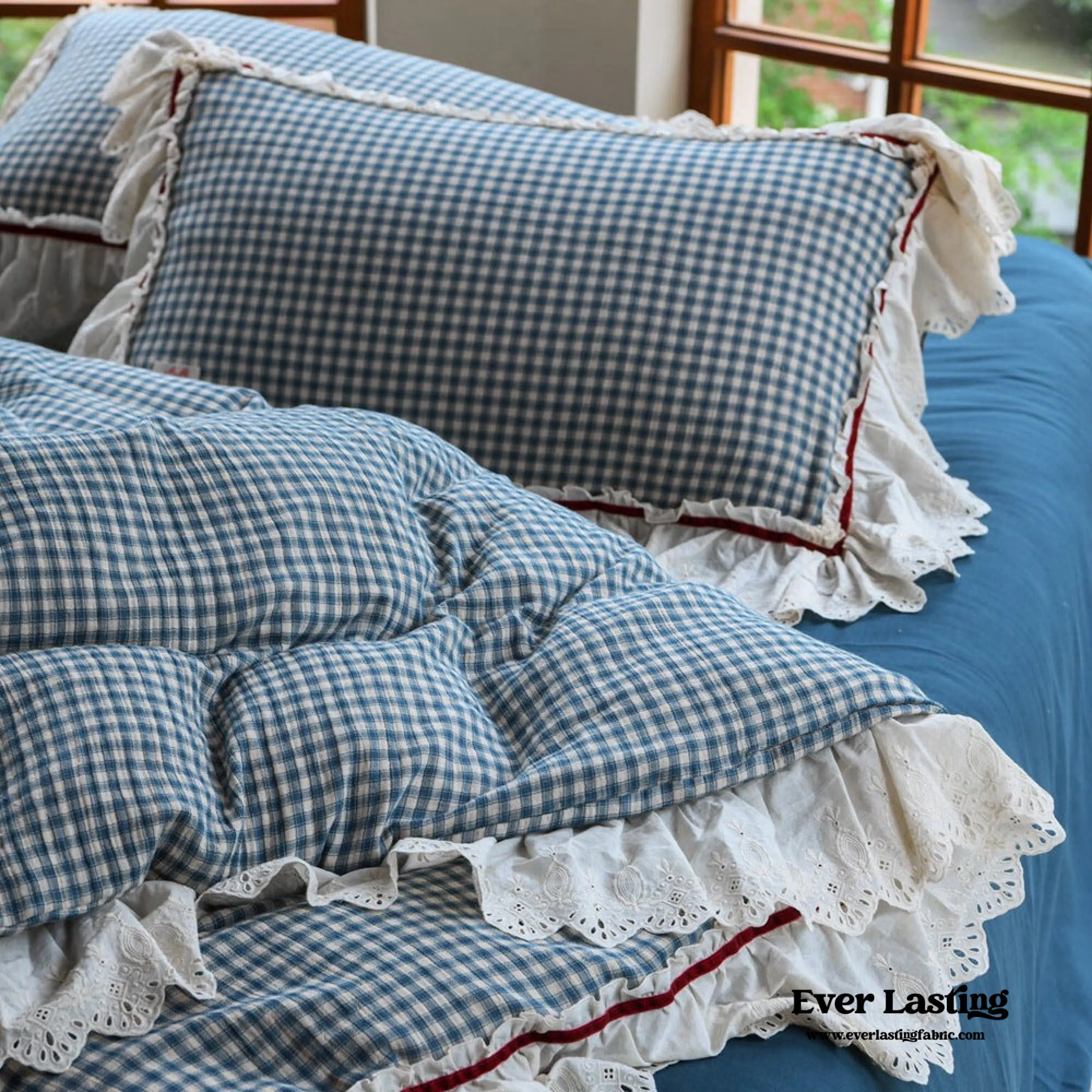 Blue Gingham Floral Ruffle Bedding Bundle