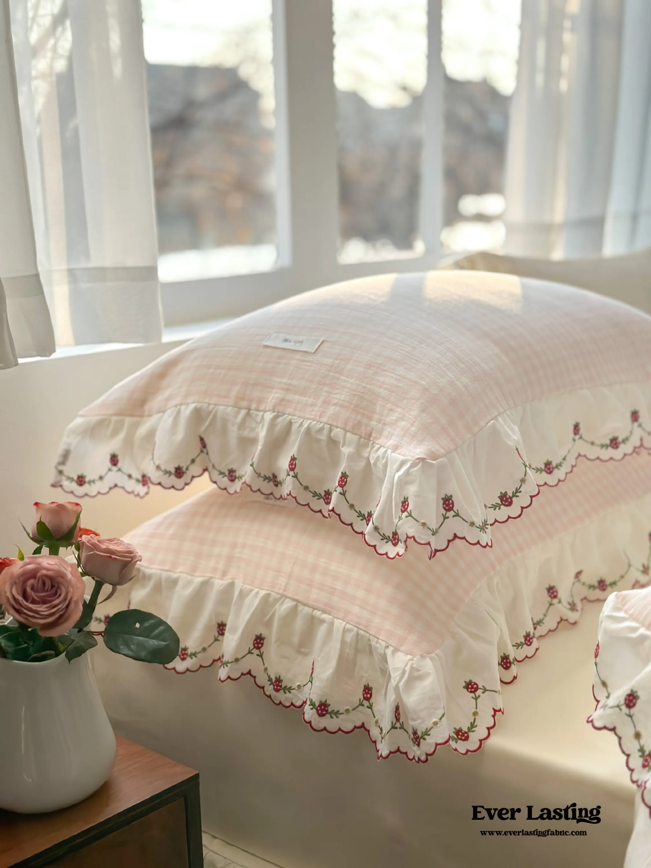 Blue Gingham Floral Ruffle Bedding Bundle