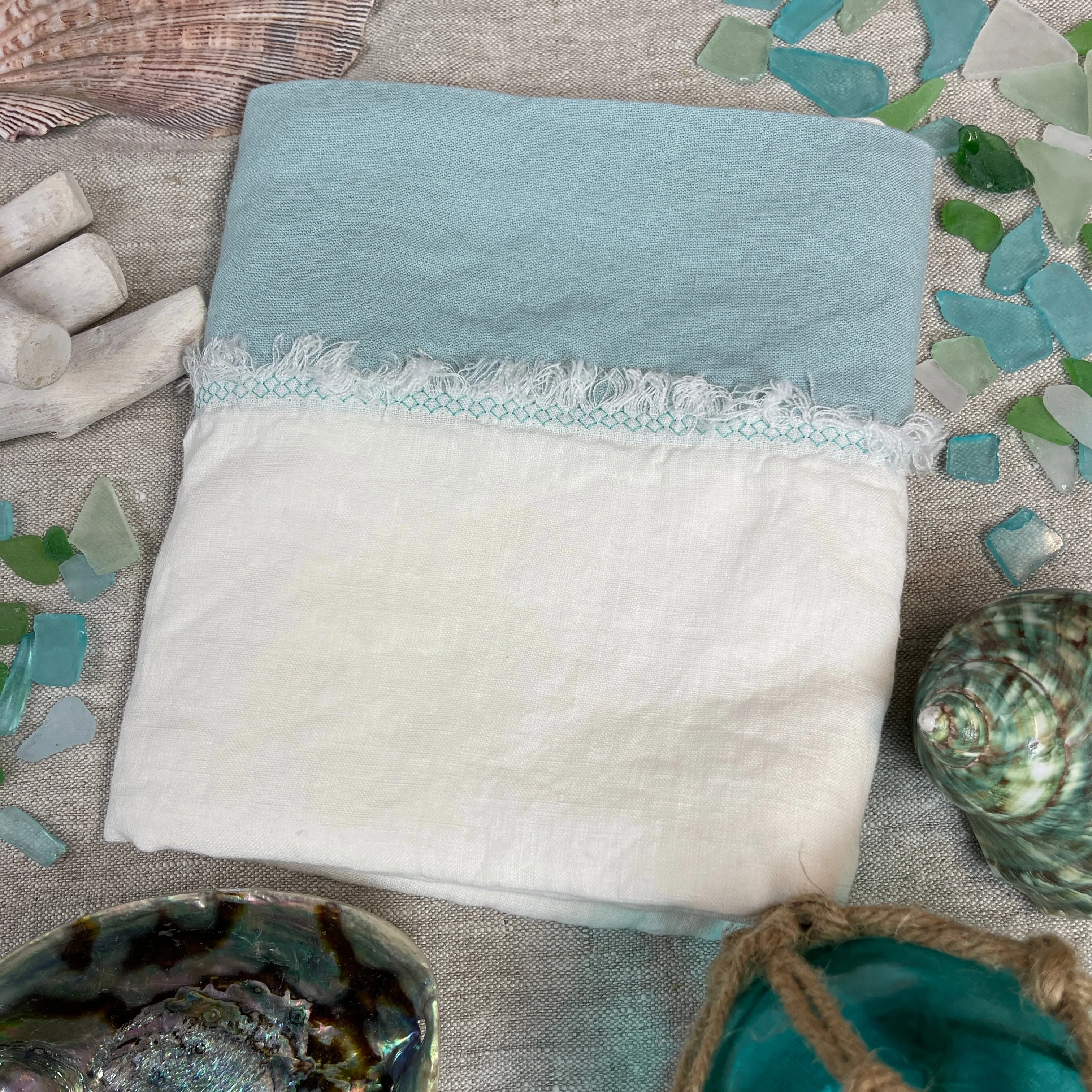 Bohemian Touch Off White Flax Pillowcase with Seaglass Accent