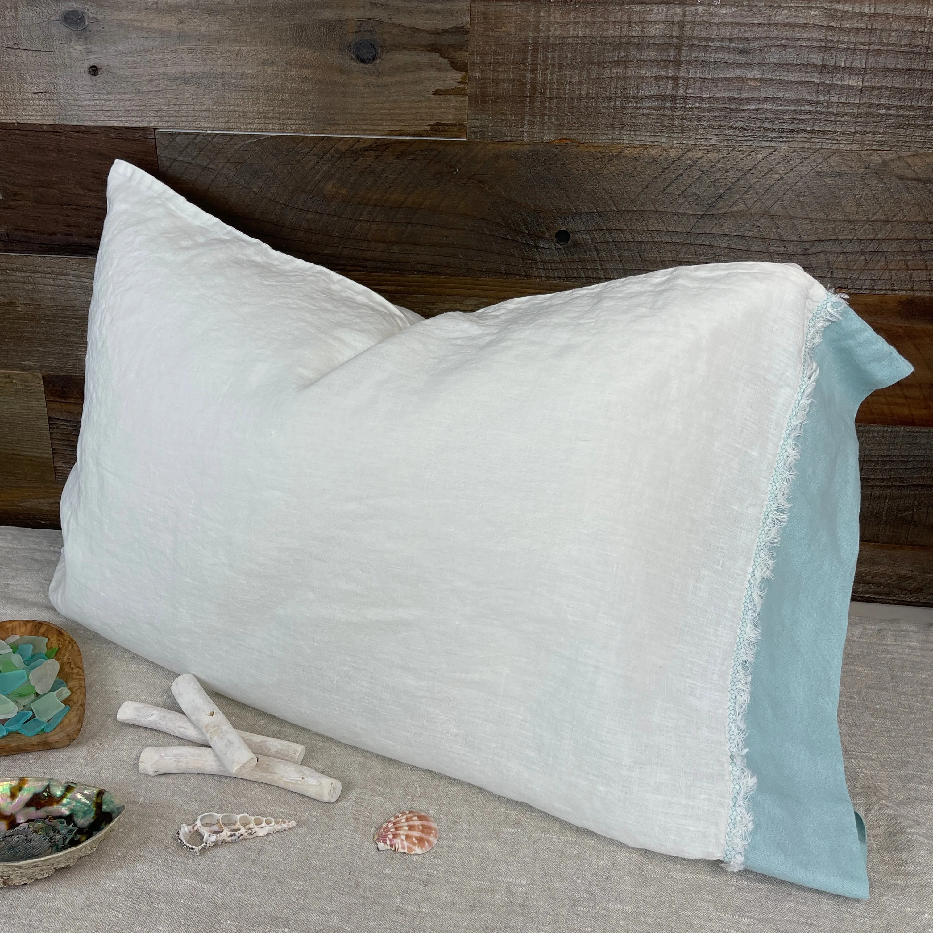 Bohemian Touch Off White Flax Pillowcase with Seaglass Accent