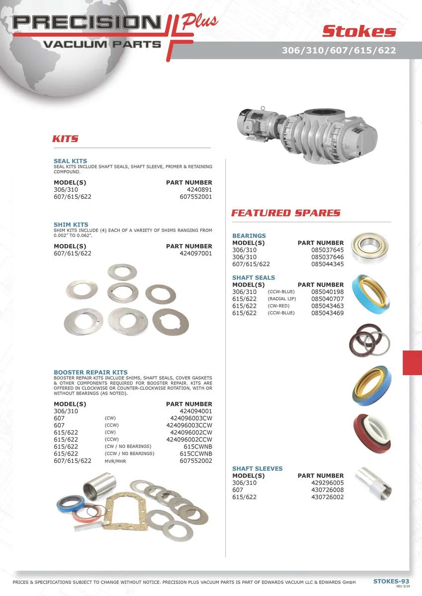 Booster Repair Kit - Clockwise (No Bearings) 615CWNB