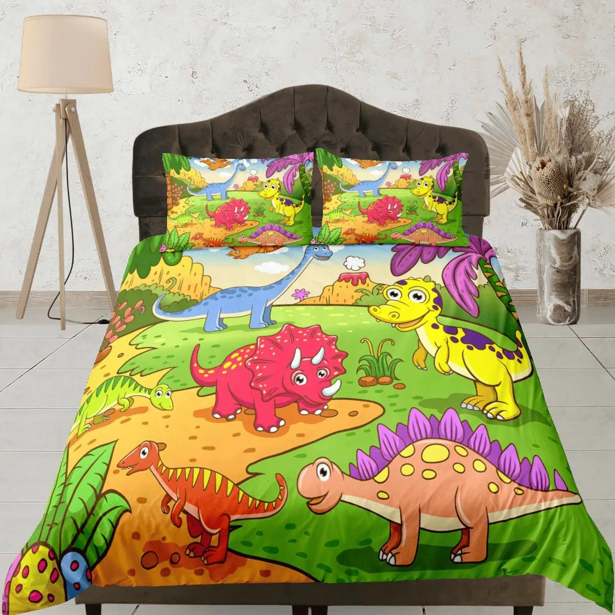 Cartoon dinosaur bedding, kids bedding full, cute duvet cover set, dinosaur nursery bed decor, colorful bedding, baby dinosaur, toddler