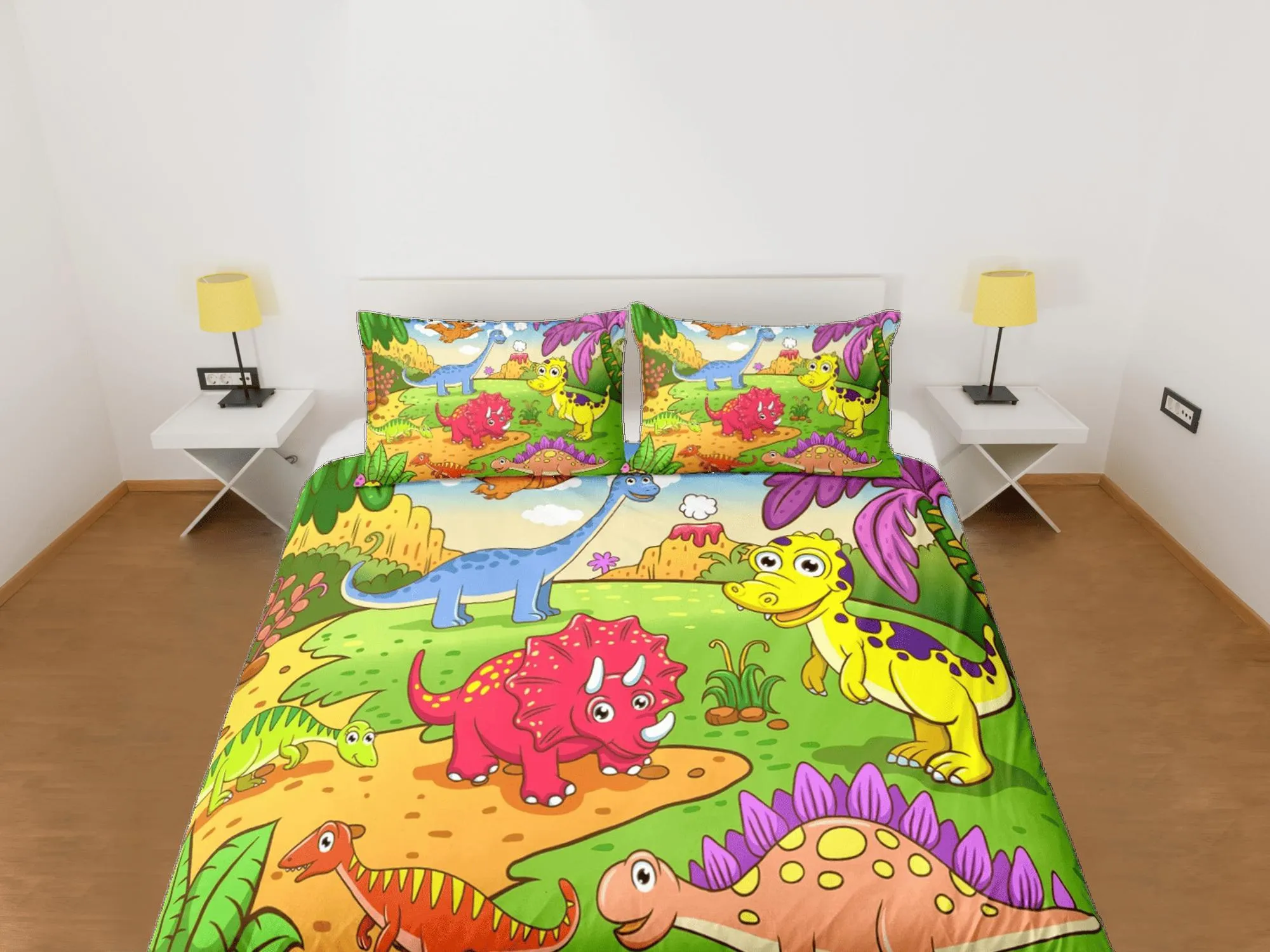 Cartoon dinosaur bedding, kids bedding full, cute duvet cover set, dinosaur nursery bed decor, colorful bedding, baby dinosaur, toddler