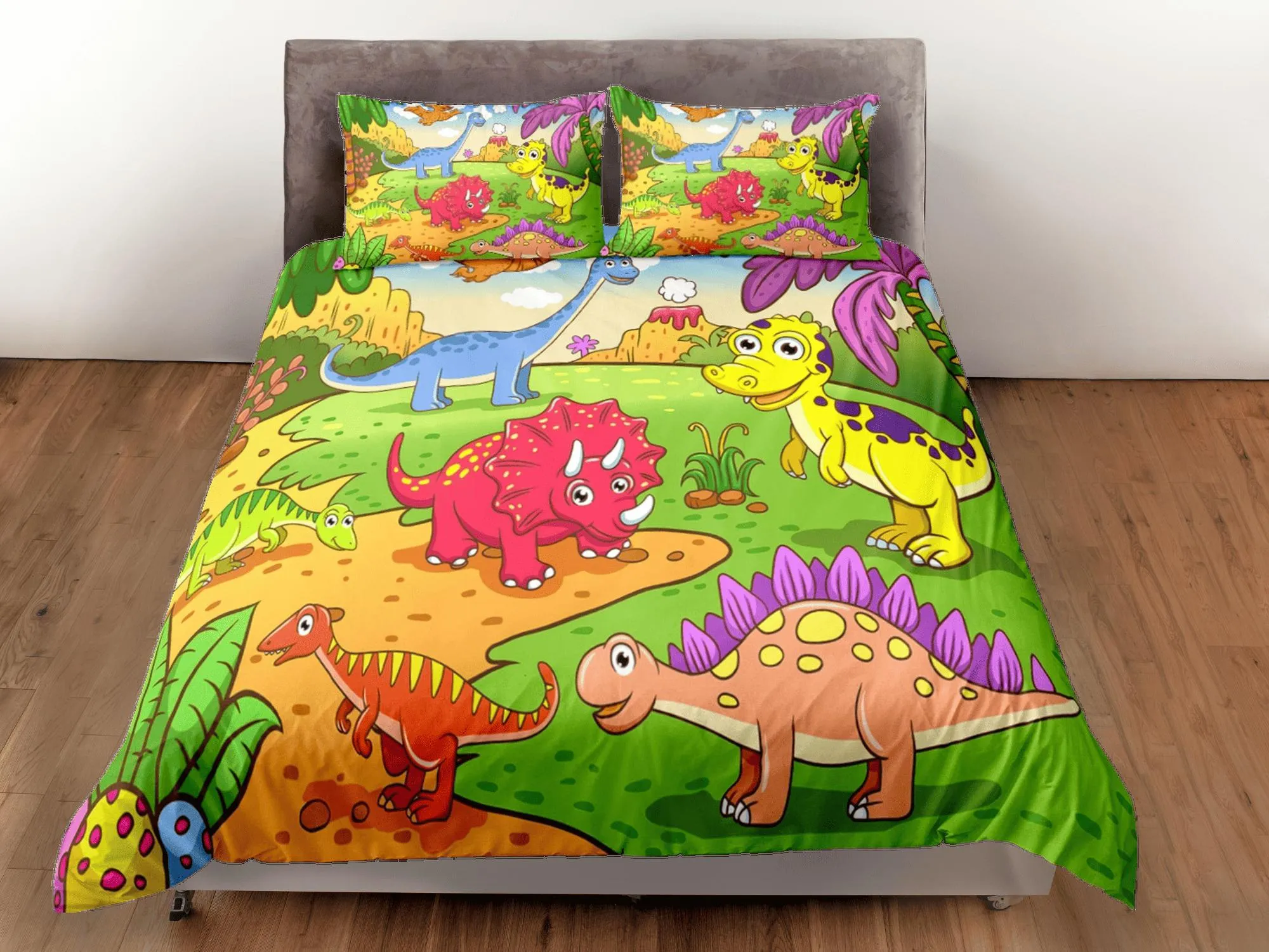 Cartoon dinosaur bedding, kids bedding full, cute duvet cover set, dinosaur nursery bed decor, colorful bedding, baby dinosaur, toddler