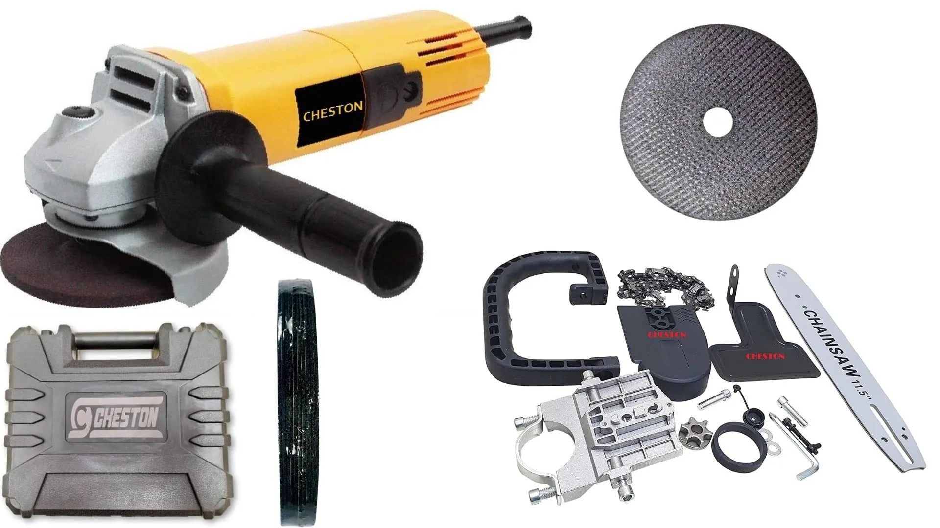 Cheston Angle Grinder 850W Yellow Grinder Machine Auxiliary Handle with Cheston Electric Chainsaw Bracket Adapter Set for Angle Grinder Machine Woodworking Tool with 5 cutting wheel