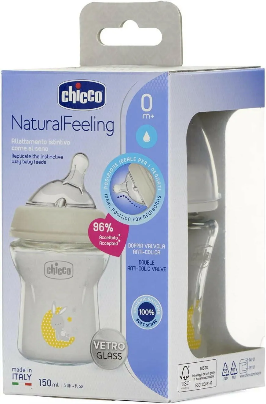 Chicco New Natural Feeling Glass Bottle 0M  - 150ML