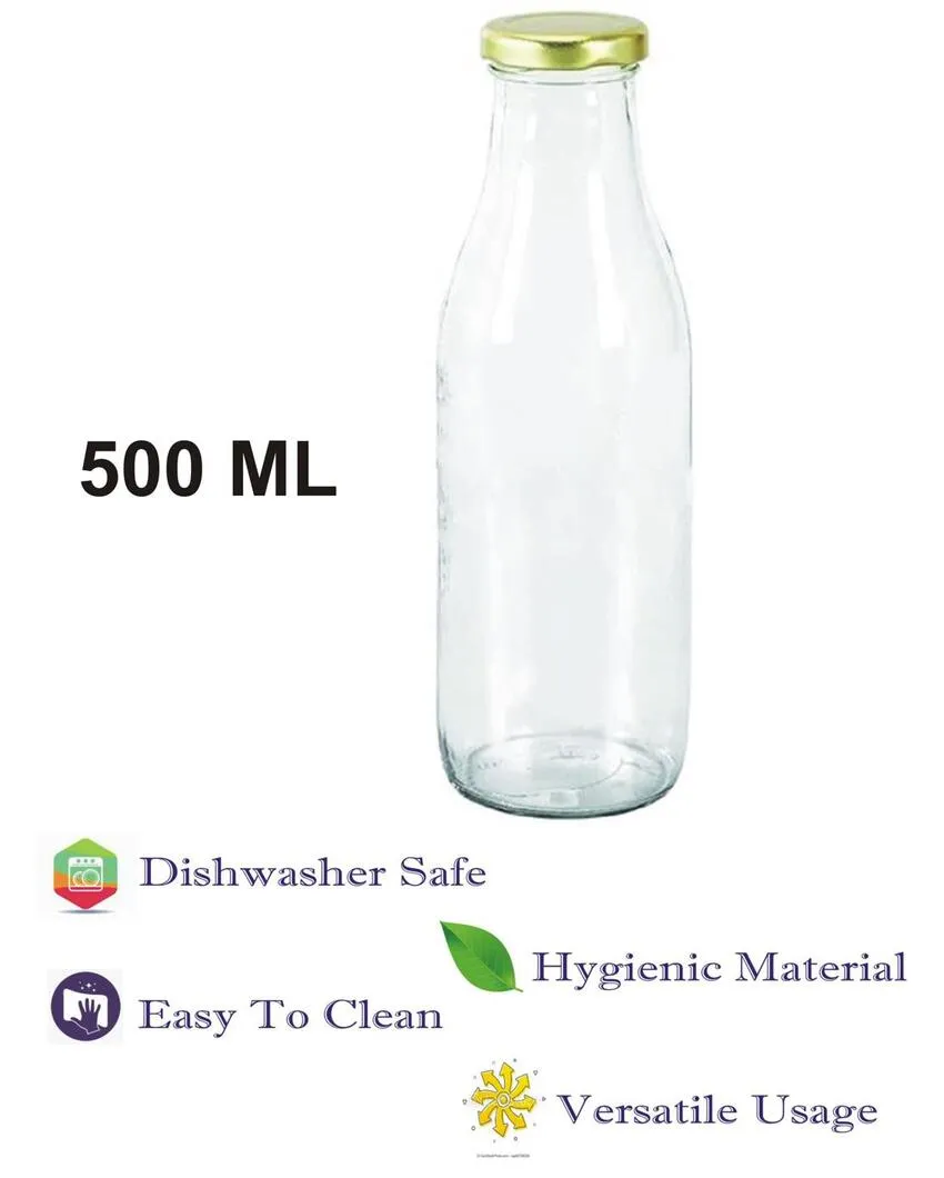 Clear Glass Milk Bottle with Lid for Safe Storage of Beverages Medium Sized | 500 ML | 3 x 8 inches