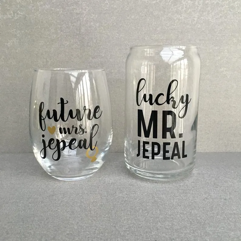 Custom Future Mrs. & Lucky Mr. Engagement Wine & Beer Glass Set