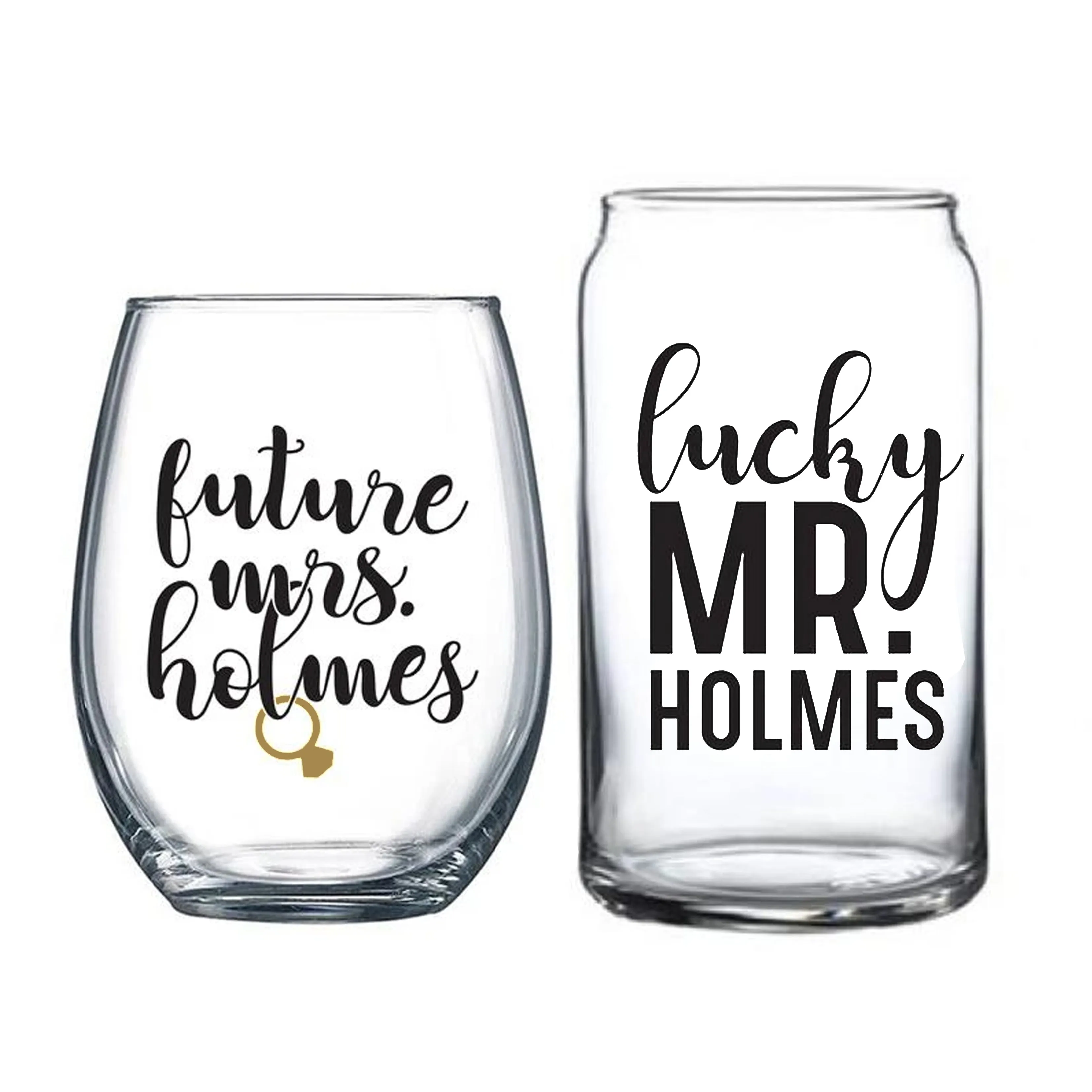 Custom Future Mrs. & Lucky Mr. Engagement Wine & Beer Glass Set