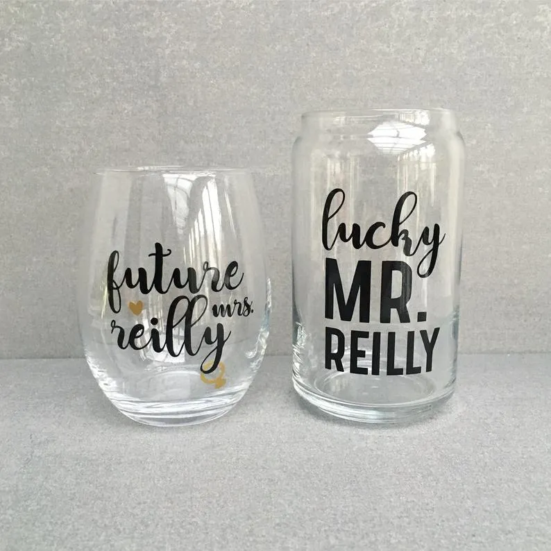 Custom Future Mrs. & Lucky Mr. Engagement Wine & Beer Glass Set