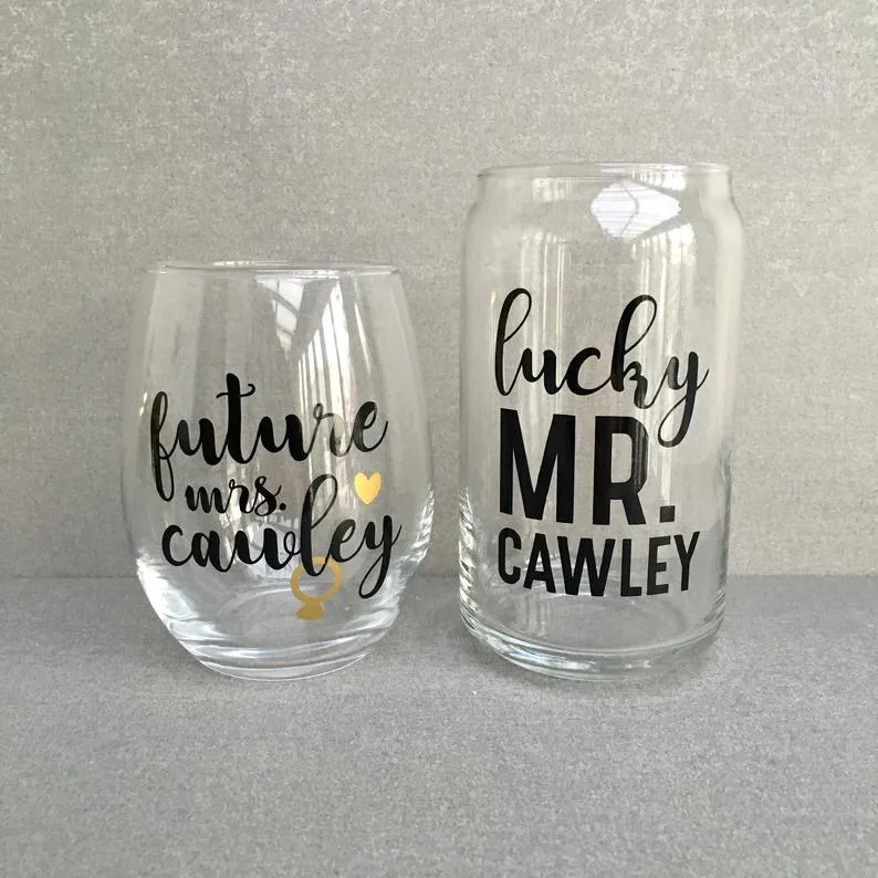 Custom Future Mrs. & Lucky Mr. Engagement Wine & Beer Glass Set