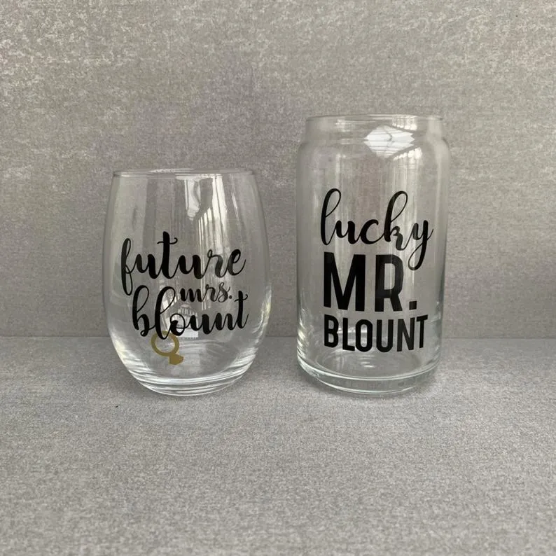 Custom Future Mrs. & Lucky Mr. Engagement Wine & Beer Glass Set