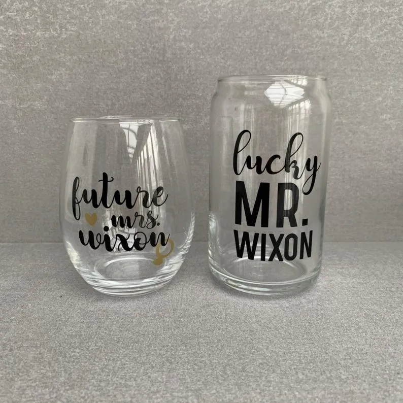 Custom Future Mrs. & Lucky Mr. Engagement Wine & Beer Glass Set