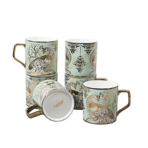 Femora Peacock Motif with Leaves Pattern Golden Tea Mugs, Ceramic Tea Cups, Coffee Mugs (180 ml, Golden) - 6 Pcs Set (NOT Microwave Safe)