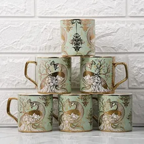 Femora Peacock Motif with Leaves Pattern Golden Tea Mugs, Ceramic Tea Cups, Coffee Mugs (180 ml, Golden) - 6 Pcs Set (NOT Microwave Safe)