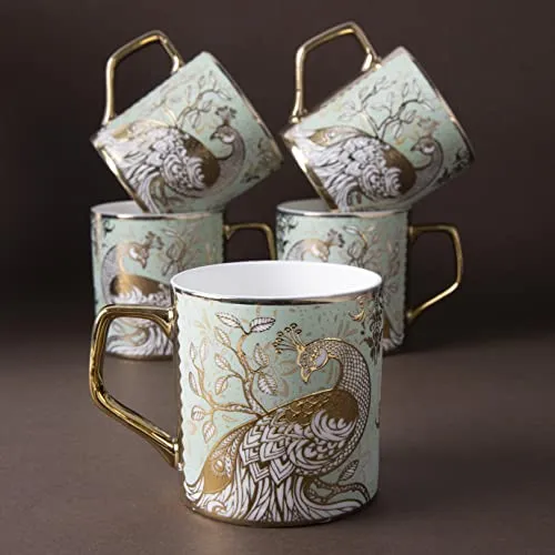 Femora Peacock Motif with Leaves Pattern Golden Tea Mugs, Ceramic Tea Cups, Coffee Mugs (180 ml, Golden) - 6 Pcs Set (NOT Microwave Safe)