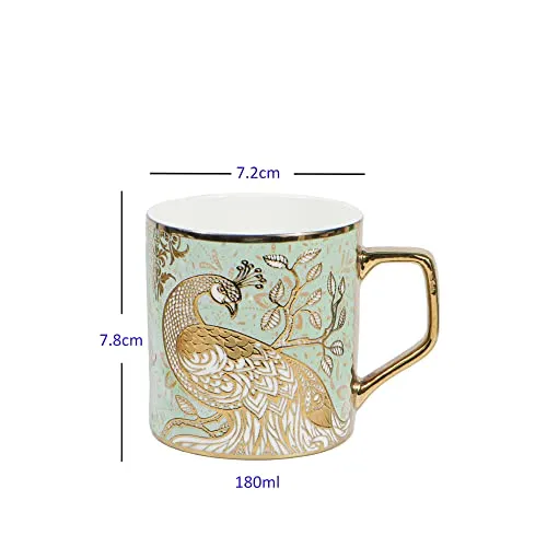 Femora Peacock Motif with Leaves Pattern Golden Tea Mugs, Ceramic Tea Cups, Coffee Mugs (180 ml, Golden) - 6 Pcs Set (NOT Microwave Safe)