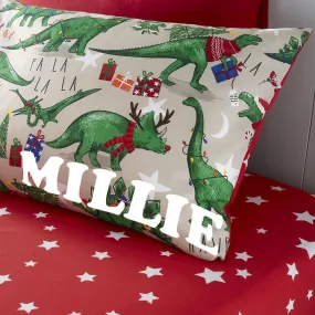 Festive Dinosaur Personalised Pillowcase