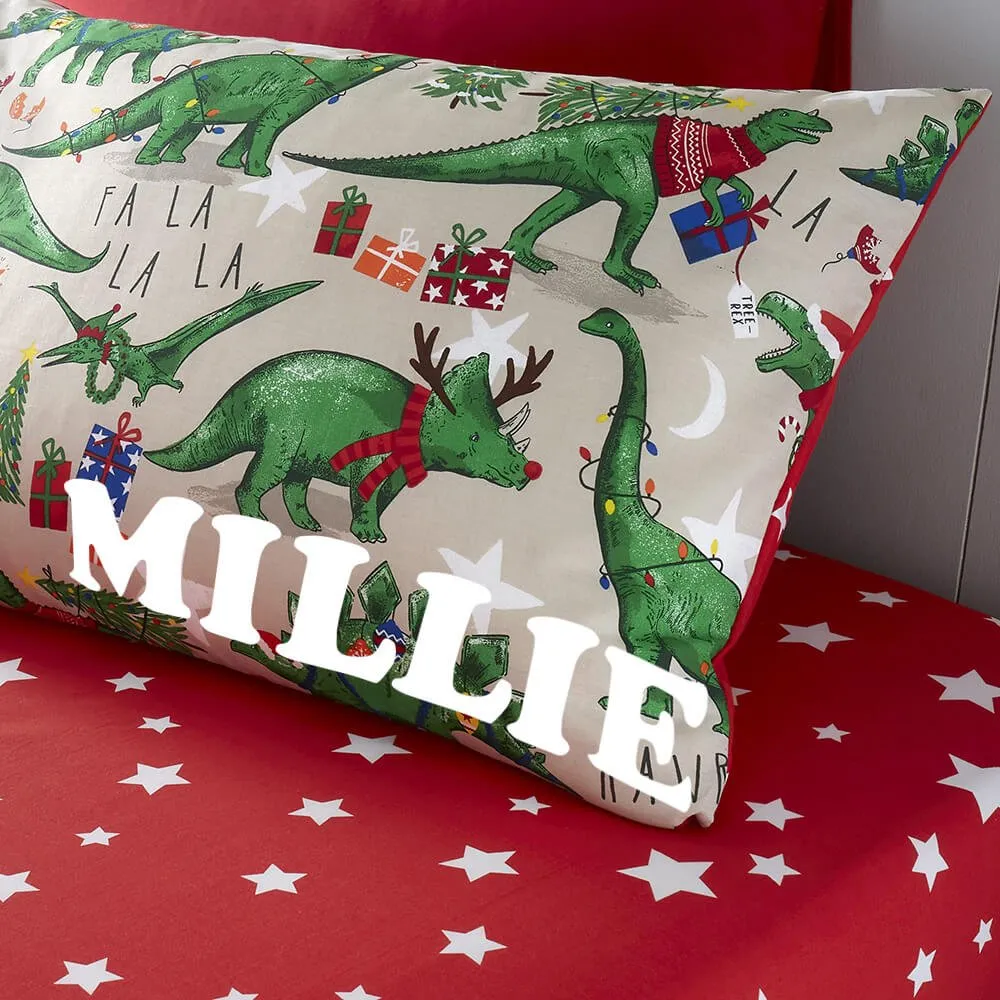 Festive Dinosaur Personalised Pillowcase