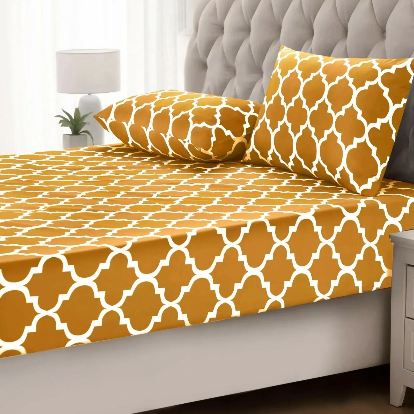 Fitted Bed Sheet-Mustard Geometric