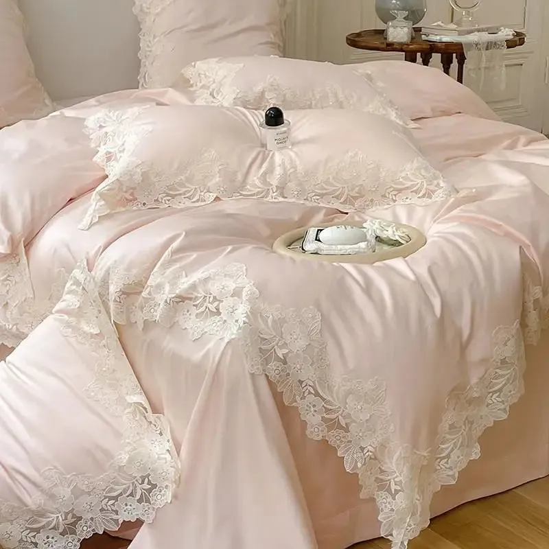 FLYTONN-4/7Pcs French Romantic Wedding Chic White Lace Bedding Set 1000TC Egyptian Cotton Ultra Soft Duvet Cover Bed Sheet Pillowcases