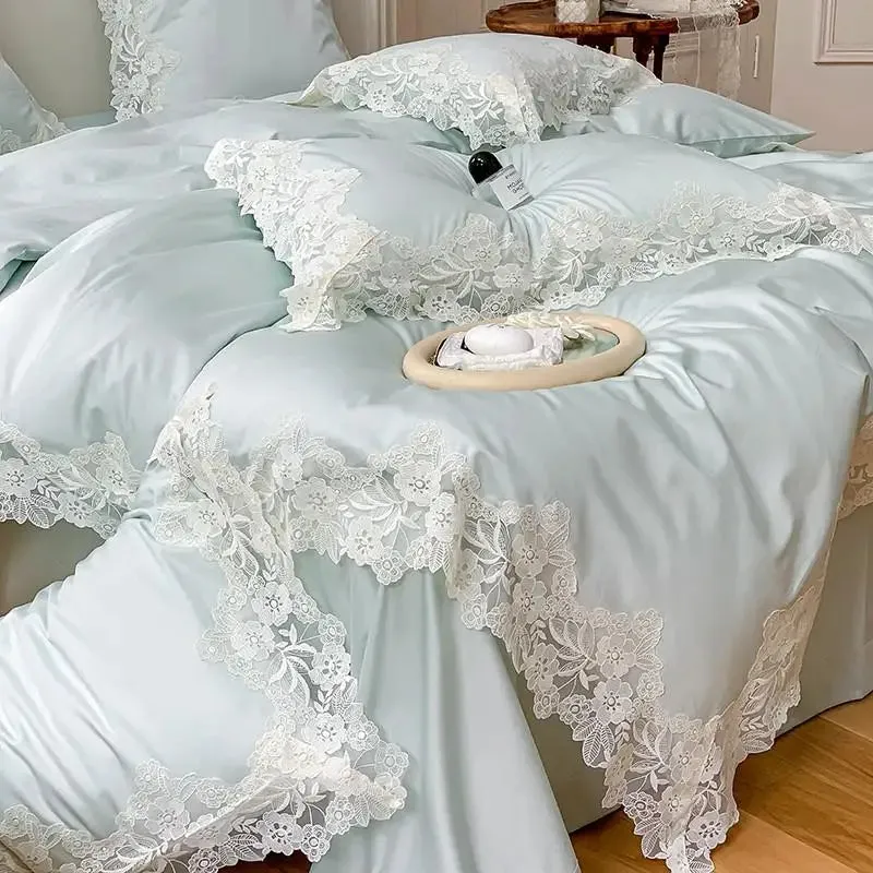 FLYTONN-4/7Pcs French Romantic Wedding Chic White Lace Bedding Set 1000TC Egyptian Cotton Ultra Soft Duvet Cover Bed Sheet Pillowcases