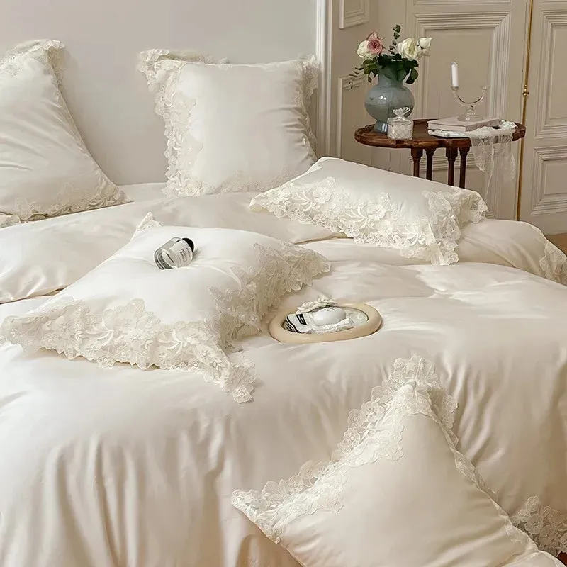 FLYTONN-4/7Pcs French Romantic Wedding Chic White Lace Bedding Set 1000TC Egyptian Cotton Ultra Soft Duvet Cover Bed Sheet Pillowcases