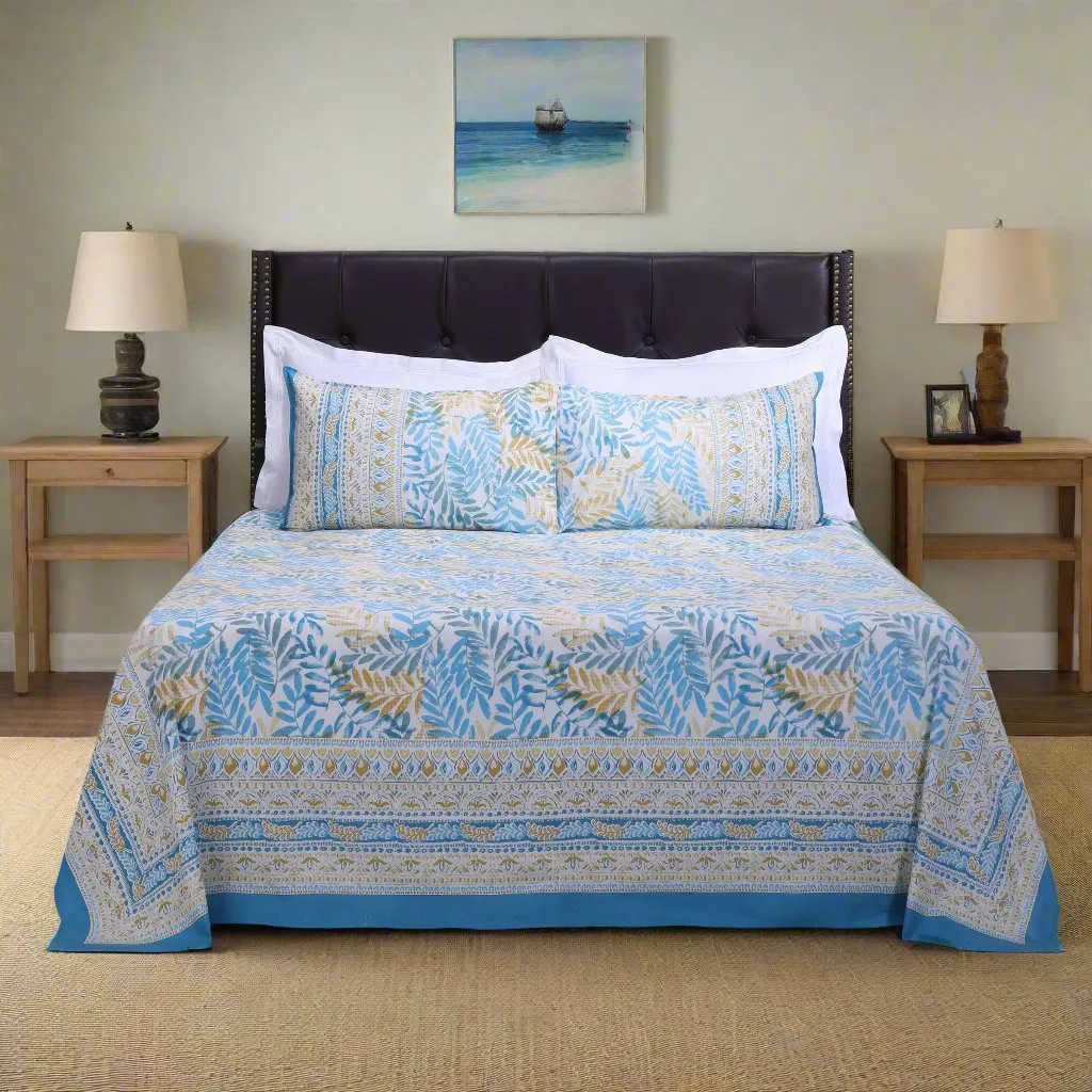 French Leaves Turquoise Cotton Bedsheet