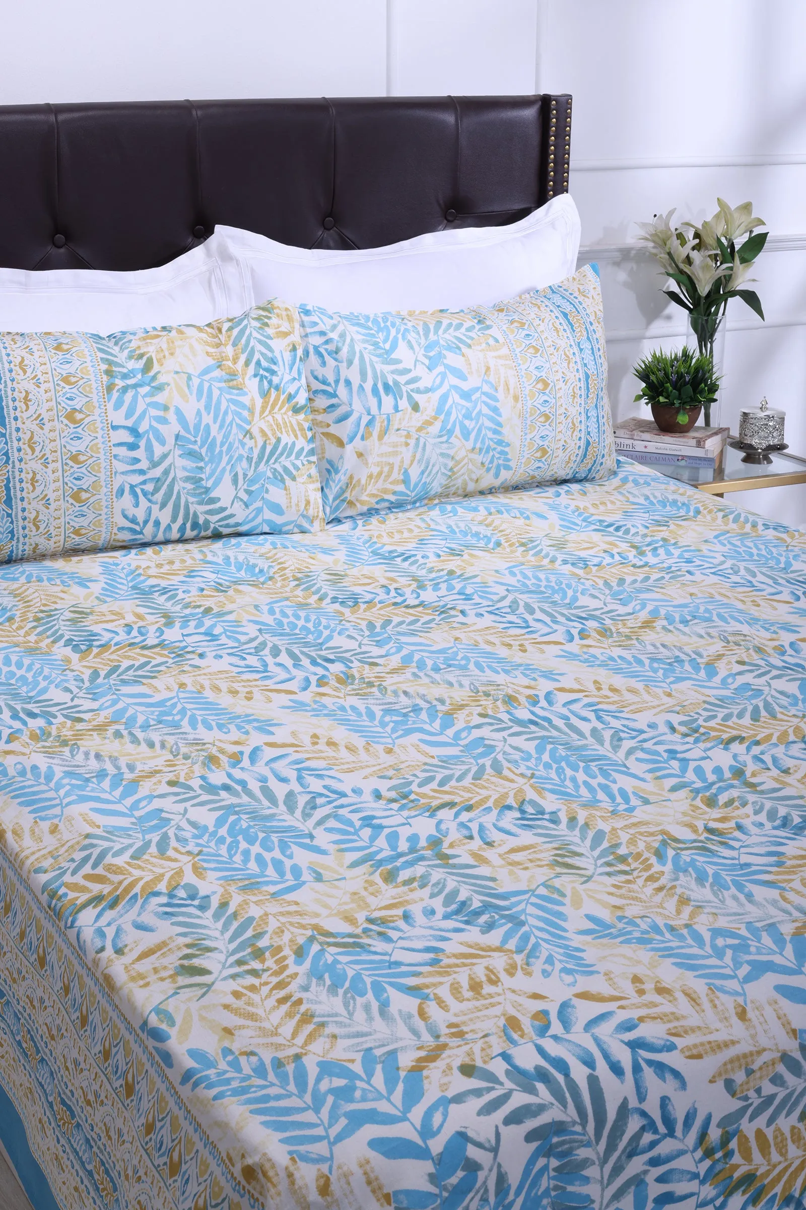 French Leaves Turquoise Cotton Bedsheet