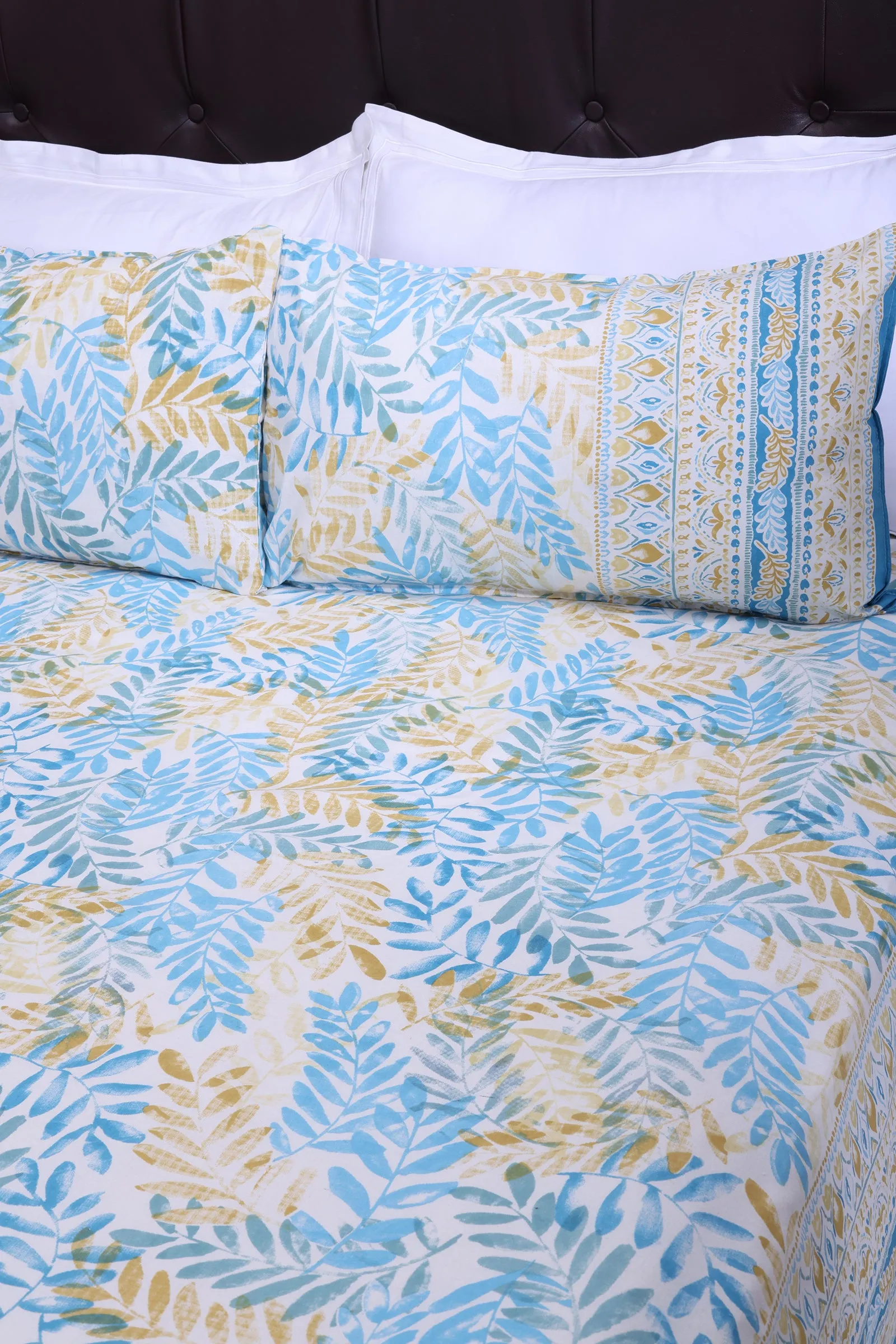 French Leaves Turquoise Cotton Bedsheet