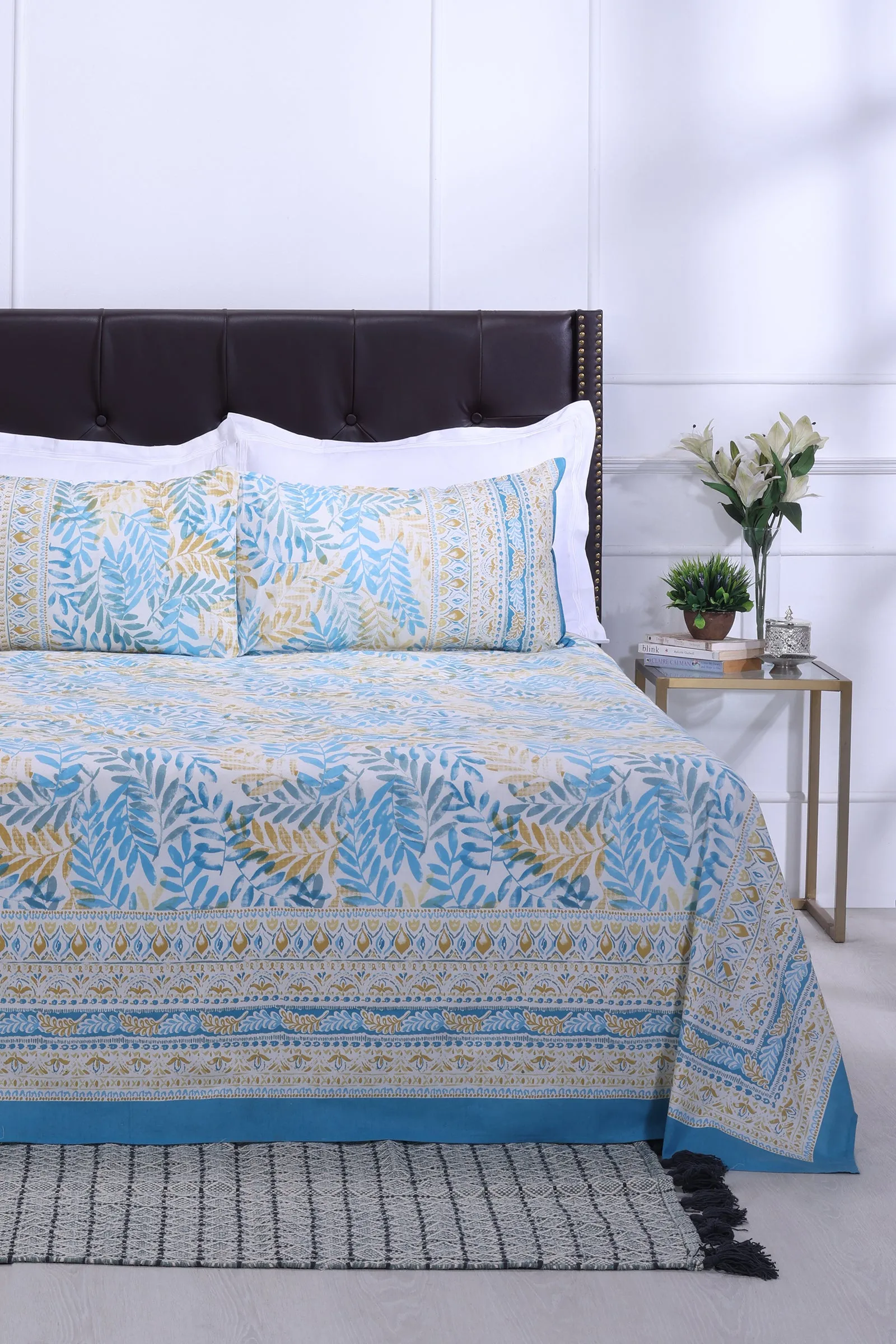 French Leaves Turquoise Cotton Bedsheet