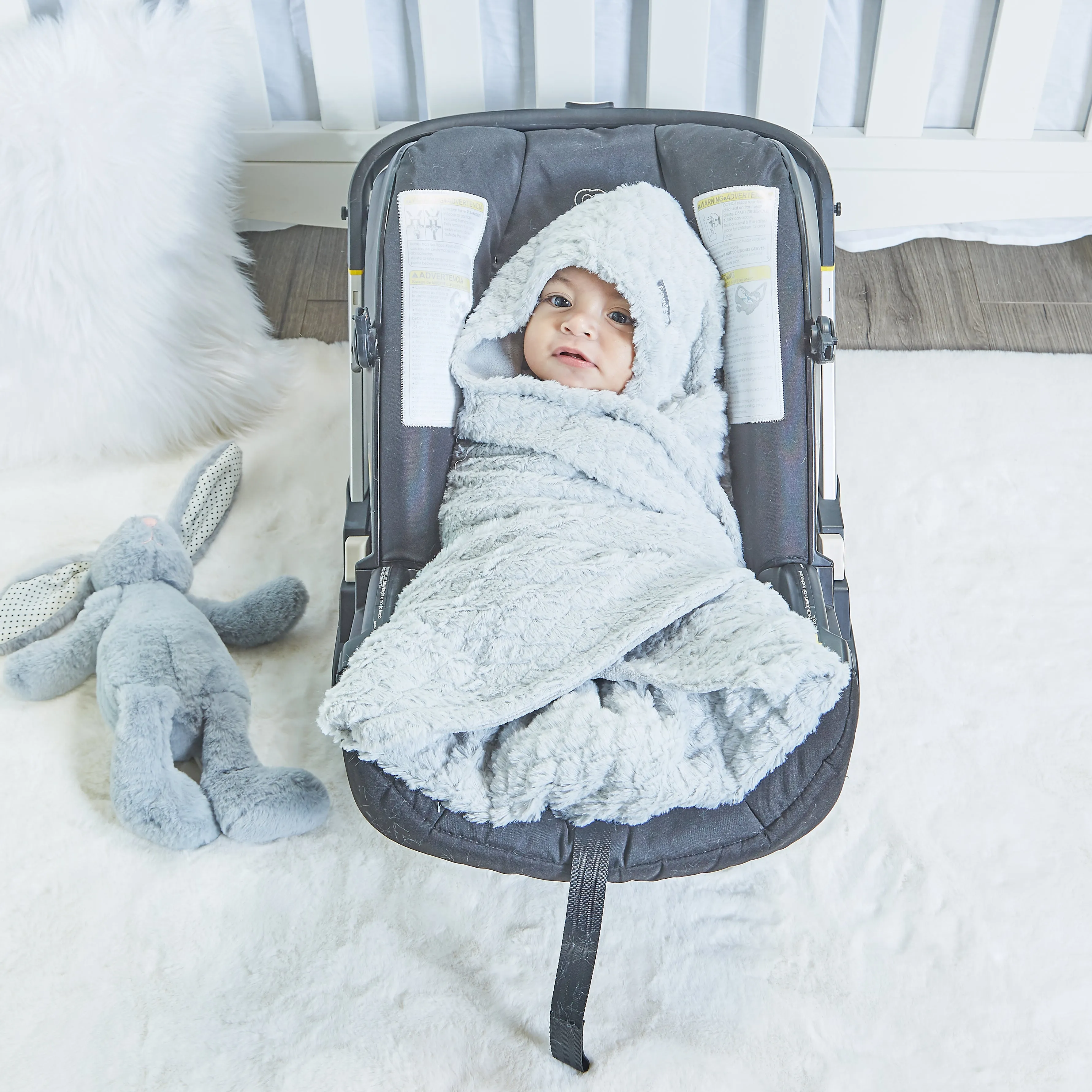 Gray Plush Hooded Car Seat Blanket