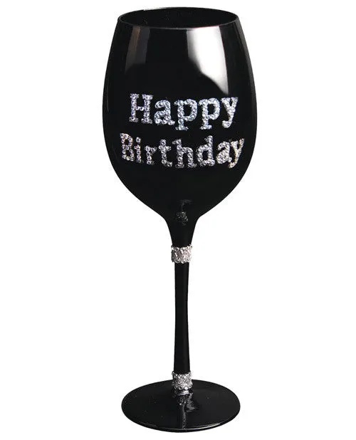 Happy Birthday Wine Glass W-clear Stones - Black