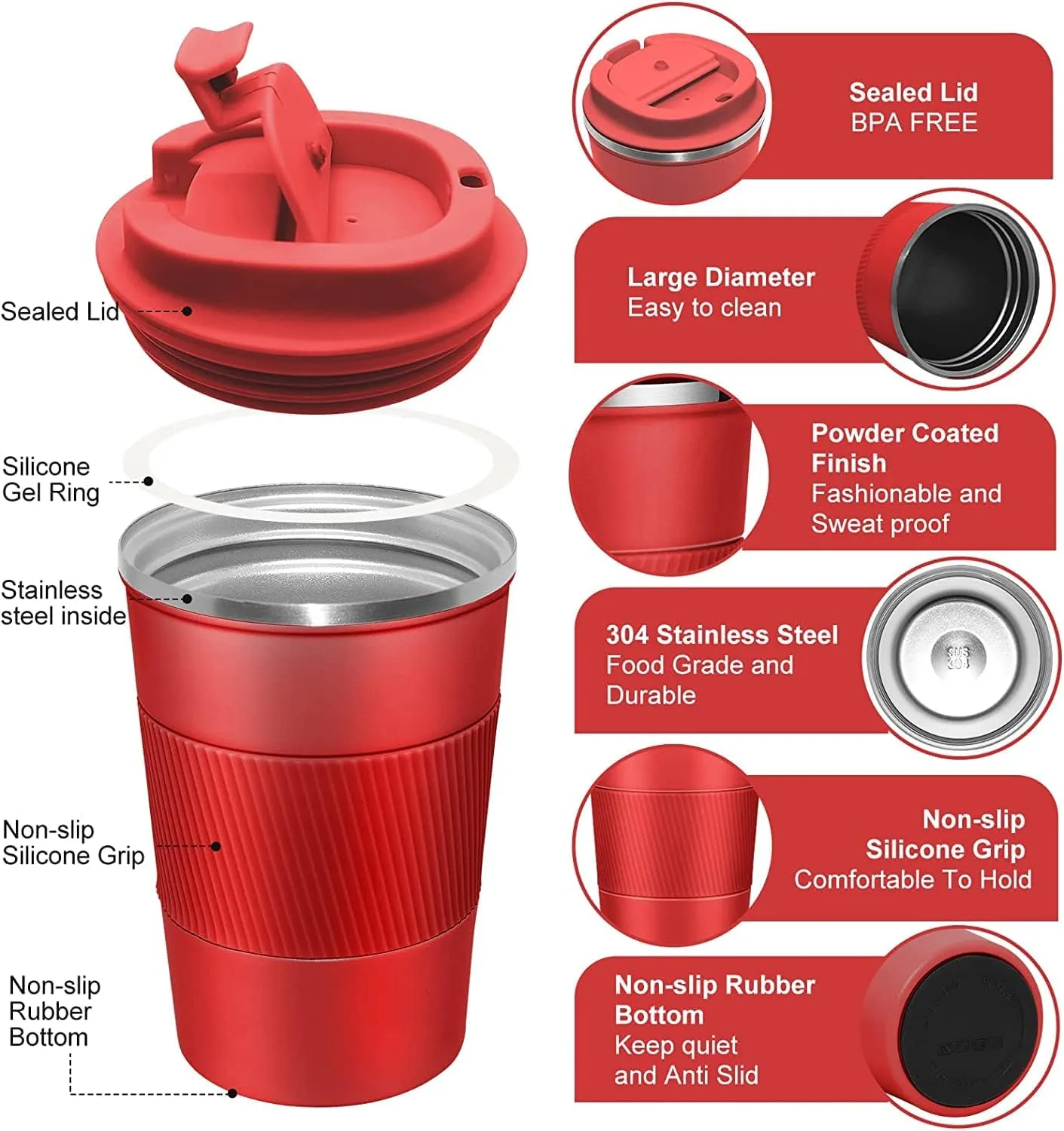 Heart Home Stainless Steel Insulated Coffee Mug With Sleeve|Travel Coffee Mug "380 ML"|Red|