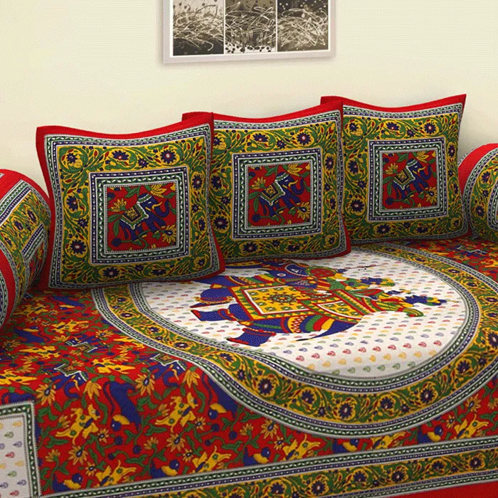 Jaipuri Design Single Bedsheet ( 100% cotton, 6pc set, Diwan set )