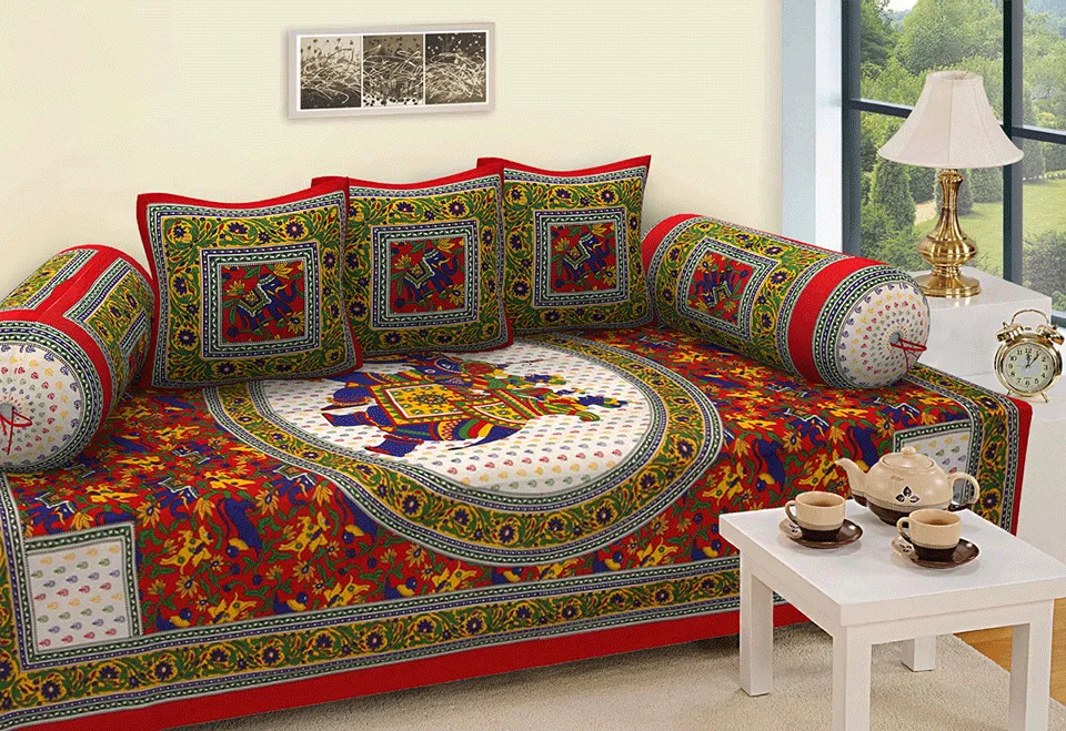 Jaipuri Design Single Bedsheet ( 100% cotton, 6pc set, Diwan set )